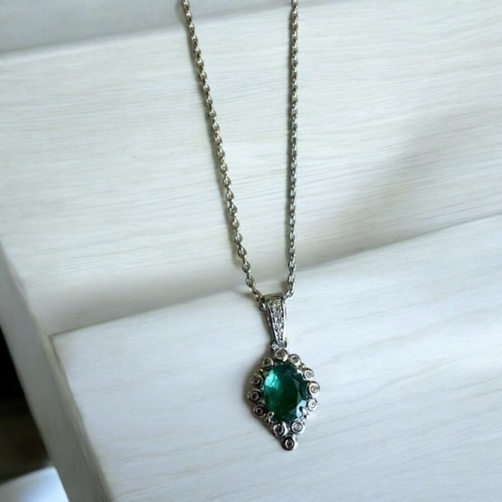 Bomb Party BP Green Stone and CZ Necklace - Rhodium Plated - Victorian Look